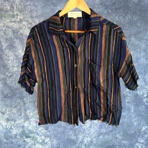 Cloth & Stone Striped Semi Cropped Raw Fringe Edge Shirt Sz M